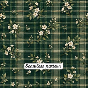 May include: A seamless pattern featuring a dark green plaid background with intersecting thin light green and white lines. Sprigs of small white flowers with green leaves are distributed across the surface. The text Seamless pattern is visible.