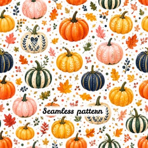 May include: A seamless pattern featuring various pumpkins in shades of orange, pink, yellow, and dark blue, decorated with white leaf and floral motifs, interspersed with colourful autumn leaves, berries, and small dots on a white background.