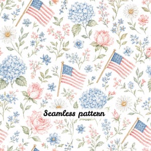 Patriotic Floral Seamless Pattern JPG, Vintage American Flag and Wildflower Fabric Print, Cottagecore Summer Design