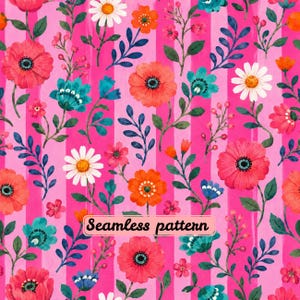 Pode incluir: Um padrão sem costuras com um fundo de riscas verticais em rosa vibrante e rosa claro, adornado com várias flores, incluindo papoilas vermelhas, margaridas brancas e flores cor de laranja, com folhas verdes e o texto Seamless pattern.