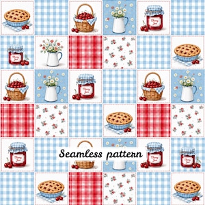May include: A seamless pattern featuring a grid of illustrations including cherry pies, wicker baskets filled with cherries, white pitchers with daisies, and jars labelled Cherry Jam, interspersed with red plaid and blue gingham squares.