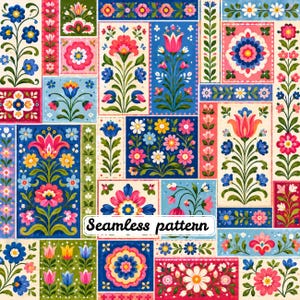 Vintage nordiskt blommigt lapptäcke sömlöst mönster JPG, ljusa folkblommor, Cottagecore textildesign