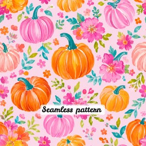 Pode incluir: Um padrão contínuo com abóboras cor de laranja e cor-de-rosa intercaladas com flores cor-de-rosa vibrantes, folhas verdes e pequenas flores cor de laranja sobre um fundo cor-de-rosa claro. O texto Seamless pattern está impresso a preto no centro.