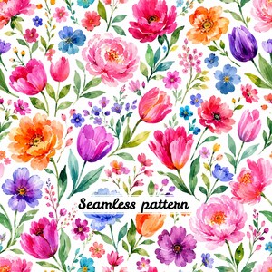 May include: A seamless pattern featuring a watercolour illustration of various flowers including pink peonies, orange poppies, purple tulips, and small blue blossoms with green leaves on a white background. The text Seamless pattern is visible.