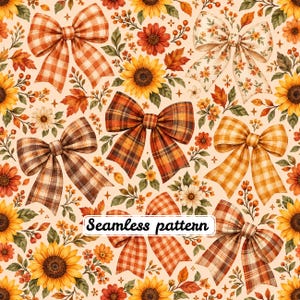 Motif sans couture de nœud de coquette d'automne, rubans à carreaux, tournesols, fleurs et feuilles d'automne, papier numérique JPG