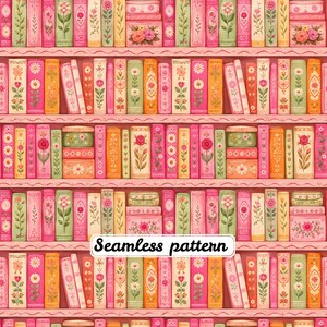Whimsical Folk Art Floral Bookshelf Seamless Pattern, Pink Cottagecore Library Books Repeat, Vintage Book Lover Fabric JPG