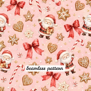Motivo natalizio senza soluzione di continuità con Babbo Natale rosa in formato JPG | Babbo Natale ad acquerello, fiocchi rossi e biscotti di pan di zenzero | Carta digitale per le feste