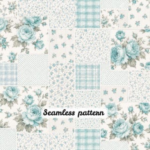 Blue Floral Patchwork Seamless Pattern JPG, Romantic Rose Quilt Blocks, Vintage Fabric Digital Download