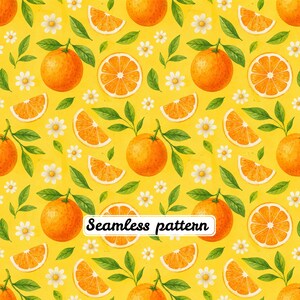 Nahtloses Aquarellmuster mit Orangenmotiven, Zitrusfrüchten und Gänseblümchen – Sommerlicher botanischer Stoff im mediterranen Stil (JPG)