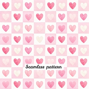 Pink Heart Checkerboard Seamless Pattern JPG, Watercolor Valentine Digital Paper, Cute Romantic Checkered Fabric Print, Coquette Hearts