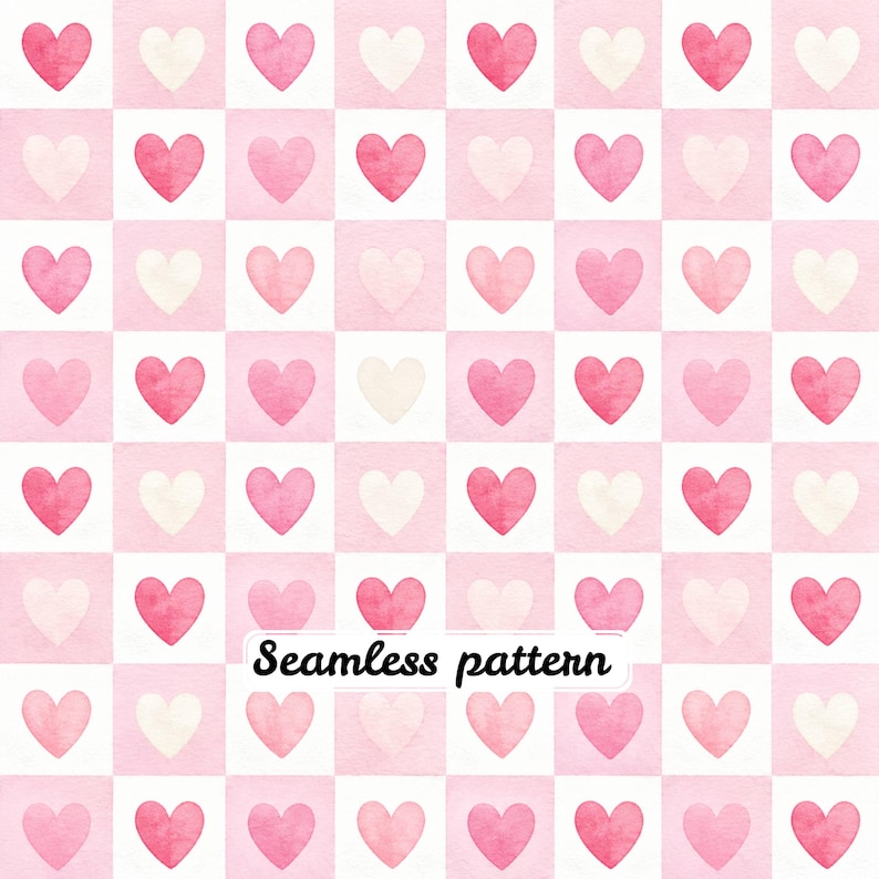 Pink Heart Checkerboard Seamless Pattern JPG, Watercolor Valentine ...