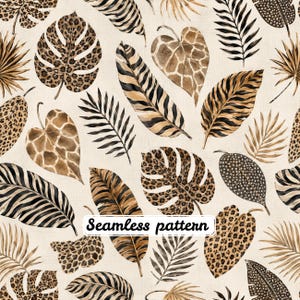 Peut inclure: Un motif sans couture représentant une variété de feuilles tropicales décorées d'imprimés animaliers, notamment des taches de léopard, des motifs de girafe et des rayures de tigre dans des tons marron, noir et crème. Le texte Seamless pattern est centré.