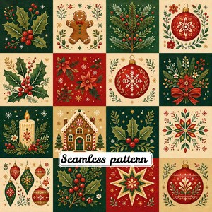 Puede incluir: Un patrón continuo que presenta una cuadrícula de ilustraciones con temática navideña, incluyendo acebo, hombres de jengibre, ramas de pino, adornos rojos, flores de pascua, una vela, una casa de jengibre, copos de nieve y estrellas en rojo, verde y crema.