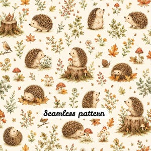 May include: A seamless pattern featuring watercolour illustrations of hedgehogs, tree stumps, mushrooms, snails, birds, and autumn leaves on a cream background. The text Seamless pattern is printed in black in the centre of the image.
