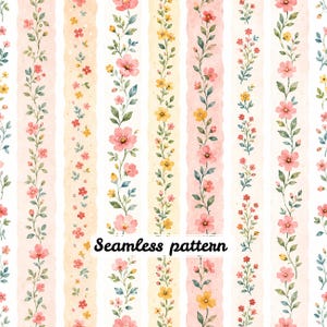 Watercolor Floral Stripe Seamless Pattern | Cottagecore Vertical Wildflower Fabric | Soft Pastel Botanical Digital Paper JPG