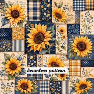 Pode incluir: Um design de tecido estilo patchwork com girassóis amarelos vibrantes, xadrez azul e branco, bolinhas e listras. A composição inclui ilustrações botânicas e texto manuscrito, com as palavras Seamless pattern centralizadas.