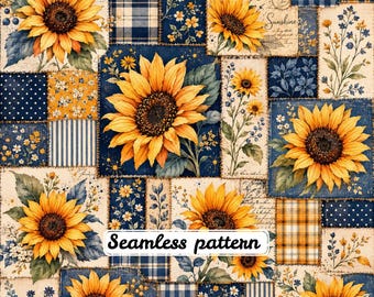 Vintage zonnebloem patchwork naadloos patroon, marineblauw geruit bloemenpatroon, landelijke rustieke cottagecore herfst digitaal papier JPG
