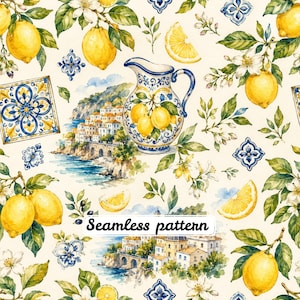 Amalfi Coast Lemon Seamless Pattern JPG, Italian Coastal Digital Paper, Mediterranean Lemon Tile Fabric Print, Blue Ceramic Citrus Repeat