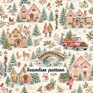 Op de afbeelding: Een naadloos patroon met een winterlandschap vol besneeuwde huizen, dennenbomen, een rode pick-up truck, een stenen brug, een sneeuwpop en wandelende mensen. Het ontwerp bevat hulst, vogels en de tekst Seamless pattern.