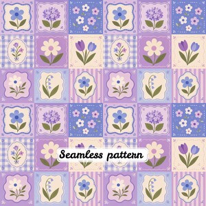 Lavendelstuga blommig lapptäcke sömlöst mönster JPG, lila botaniskt digitalt papper, söt vårblommig quilttygtryck
