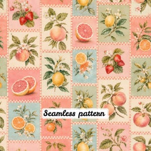 May include: A seamless pattern fabric featuring a grid of rectangular panels in soft pink, green, and cream. Each panel displays botanical illustrations of strawberries, lemons, oranges, and grapefruits with leaves and flowers. Text reads Seamless pattern.