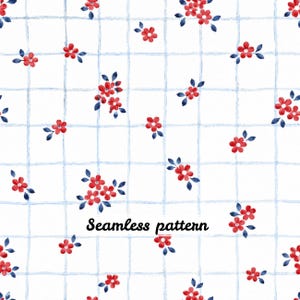 Pode incluir: Um padrão sem costuras com fundo branco e uma grelha azul-clara de linhas finas desenhadas à mão. Pequenos grupos de flores vermelhas com folhas azul-escuras estão espalhados pela grelha. O texto Seamless pattern está centrado.