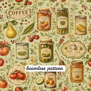 Vintage Farmhouse Pantry Seamless Pattern JPG, Rustic Kitchen Digital Paper, Canning Jars Coffee Tea Botanical Fabric Print, Cottagecore