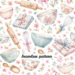 Pode incluir: Um padrão contínuo com ilustrações em aguarela de utensílios de cozinha, incluindo rolos de massa, batedores, colheres de pau, taças e guardanapos aos quadrados dobrados, decorados com pequenos motivos florais cor-de-rosa e azuis.