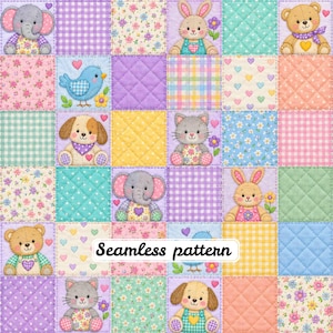 Peut inclure: Un motif sans couture composé d'une grille de carrés matelassés avec des illustrations d'éléphants, de lapins, d'oursons, de chats, de chiens et d'oiseaux, alternant avec des carrés à motifs floraux, vichy et cœurs. Le texte Seamless pattern est visible.