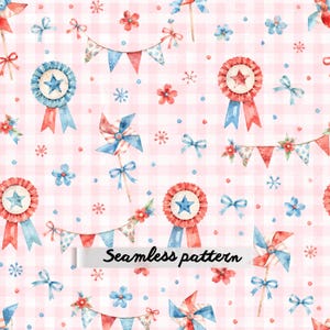 Può includere: Un motivo senza cuciture con illustrazioni ad acquerello di girandole rosse e blu, coccarde con stelle, gagliardetti, piccoli fiori e fiocchi su uno sfondo a quadretti vichy rosa e bianco con il testo Seamless pattern.