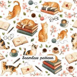 Cozy Bookish Cats Seamless Pattern, Watercolor Reading Cats, Library Cat Digital Paper, Cottagecore Cat Print, Books & Coffee Fabric JPG