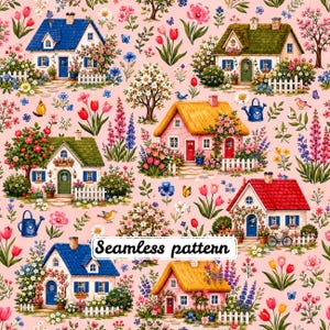 Pode incluir: Um padrão contínuo sobre um fundo rosa claro com várias casas com telhados azuis, verdes, vermelhos e de palha. O design inclui jardins de flores coloridos, cercas brancas, regadores azuis e borboletas.