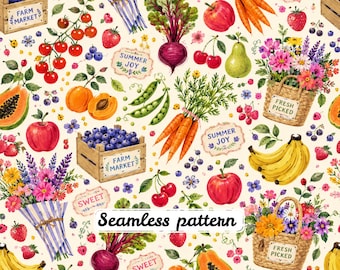 Patrón sin costuras de cosecha de mercado agrícola JPG, tela de acuarela de frutas, verduras y flores, granja estilo cottagecore