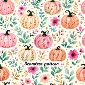 Puede incluir: Un patrón continuo con calabazas de color rosa claro y melocotón decoradas con enredaderas doradas, lunares y flores pequeñas. El diseño incluye follaje verde, flores rosas y pequeñas estrellas doradas sobre un fondo crema con el texto Seamless pattern.
