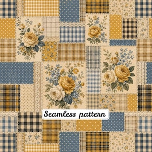 Sömlöst mönster med blommigt lapptäcke i vintageblått JPG, digitalt papper med rutigt ginghammönster och spets i Cottagecore-rosor