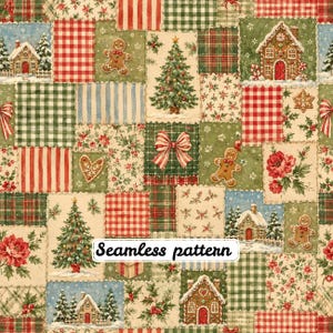 Vintage Gingerbread Christmas Patchwork Seamless Pattern, Holiday Cottage Quilt, Christmas Tree Floral Fabric Digital Paper JPG