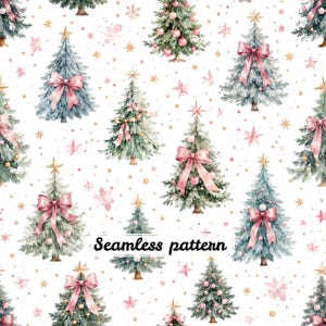 Pink Coquette Christmas Tree Seamless Pattern | Watercolor Holiday Trees with Pink Bows, Ornaments & Gold Stars | Elegant Christmas Repeat