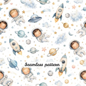 Watercolor Baby Astronaut Seamless Pattern | Space Nursery Fabric | Rockets Planets & Stars | Baby Boy Clipart Print JPG