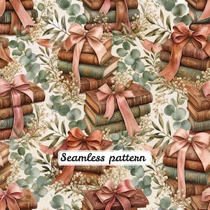 Vintage Book Stack Seamless Pattern | Antique Books with Satin Bows Eucalyptus Baby's Breath | Romantic Cottagecore Watercolor Fabric Design