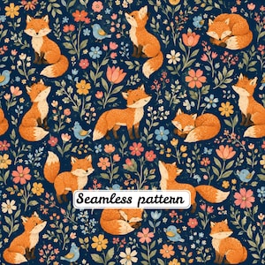 Pode incluir: Um padrão contínuo com raposas cor de laranja e pequenos pássaros azuis entre uma variedade de flores coloridas sobre um fundo azul escuro. O texto Seamless pattern está impresso numa caixa branca no centro da imagem.