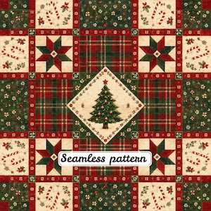 Op de afbeelding: Een feestelijke stofprint met een herhalend patchworkontwerp van kerstbomen, sterren, zuurstokken en ruitpatronen in rood, groen en crème. De centrale ruit toont een versierde boom, met de tekst Seamless pattern eroverheen geplaatst.