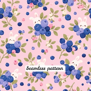 Schattig blauwbessenkonijntje naadloos patroon, kawaii konijntje met bloemen digitaal papier, roze lentestofprint, herhalend tegelpatroon voor de kinderkamer JPG
