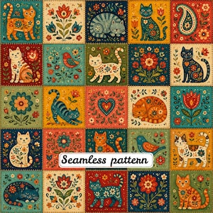Pode incluir: Um padrão sem costuras apresentando uma grade de azulejos quadrados decorados com ilustrações coloridas de gatos, pássaros, flores e corações em estilo de arte popular. O texto 'Seamless pattern' está centralizado num retângulo branco.