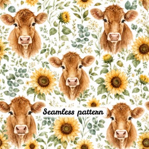 May include: A seamless pattern featuring brown cow heads interspersed with yellow sunflowers and green foliage on a white background. The text Seamless pattern is printed in black in the center of the image over the floral and animal design.