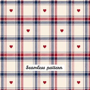 May include: A seamless pattern featuring a cream background with a grid of intersecting red and navy blue lines forming a plaid design. Small red hearts are centered within each square of the grid. The text Seamless pattern is visible.