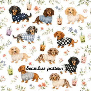 May include: A seamless pattern featuring watercolour illustrations of dachshunds wearing various jumpers, interspersed with boba tea cups with smiling faces and small floral sprigs. The text Seamless pattern is centred in the middle.