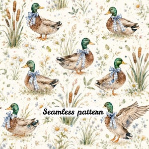Patrón sin costuras de patos ánade real en acuarela con lazos de cuadros azules | Papel digital JPG con patos, flores silvestres y estilo rústico de granja
