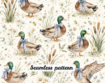 Patrón sin costuras de patos ánade real en acuarela con lazos de cuadros azules | Papel digital JPG con patos, flores silvestres y estilo rústico de granja