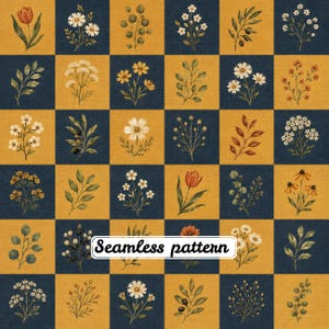 Pode incluir: Um padrão sem costuras com uma grelha de xadrez de quadrados alternados em azul-marinho escuro e amarelo-mostarda. Cada quadrado contém uma ilustração botânica única de várias flores silvestres, folhas verdes e ramos. O texto Seamless pattern está centrado.