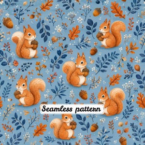 Whimsical Autumn Squirrel Seamless Pattern, Watercolor Woodland Animals Fabric, Acorn Forest Cottagecore Print JPG